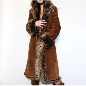 Wilson Leather Pelle Studio Brown Leather Faux Fur Boho Penny Lane Long Coat XL